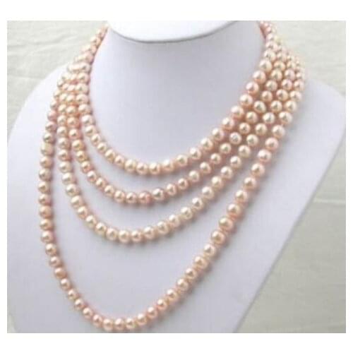 Natural AAA 7-8MM pink Akoya pearl long necklace 100 inch