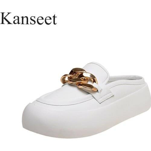 Kanseet New Slippers Women Chain Decoration White Womens Shoes Casual Genuine Leather Slippers 2021 Summer Round Toe Flat Shoes