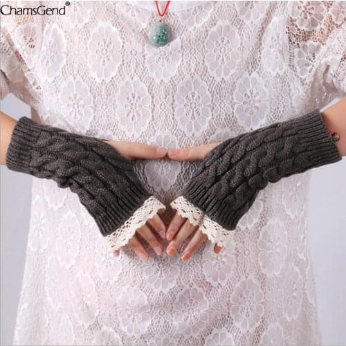 Womens Long Winter Fingerless Gloves Cover Knitting Lace Wrist Cover Arm Ladies Gloves Sleeve Girls Solid Color Knitted Gloves