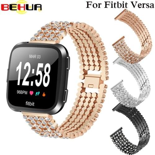 Watch Strap For Fitbit Versa Five Steel Wrist Band 5 Beads Round Rhinestone Inlaid Solid Replace Wristbands Accessories Straps