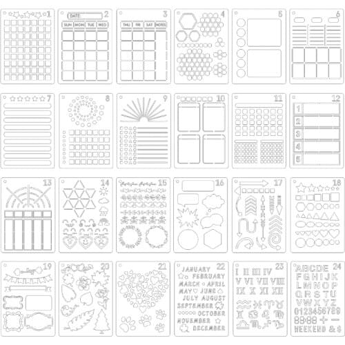 24 Pack Journal Planner Stencils, Reusable Bullet Stencils Set for A5 Notebook & Most Journals, Includes Letter Stencil