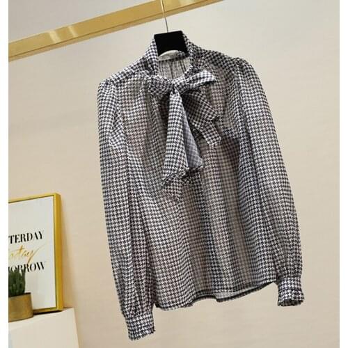 Spring Autumn Womens Blouse Korean Style Bow Neck Puff Sleeve Houndstooth Top New Casual Loose Long Sleeved Female Tops