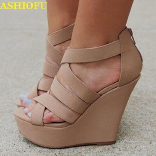 ASHIOFU Handmade Ladies Wadge Heel Sandals Party Prom Summer Shoes Peep-toe Evening Club Fashion Dress Sandals Shoes