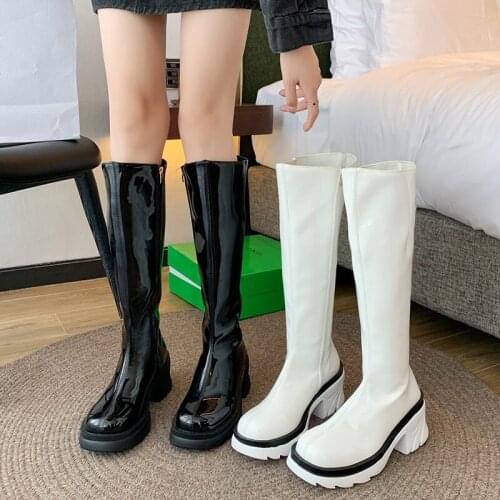 2021 New PU Leather Winter Fall Women Knee High Boots Thick Heel Zipper Women Long Boots Fashion Candy Colors Ladies Party Boots