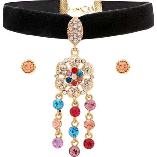 Gothic Flower Jewelry Set Rhinestone Leaf Floral Pendant Charm Choker Necklace Zircon Stud Earrings For Women Girl SummerFashion