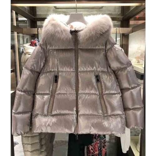 Autumn Winter Women 2021 Down White Goose Down Coat Hooded Collar Fox Fur Shiny Pink Lady Jackets Warm