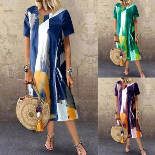 Harajuku Bohe Woman Dress Plus Size Print Daily Casual Short Sleeve Vintage Bohemian O Neck Dress Vintage Dress Vestidos