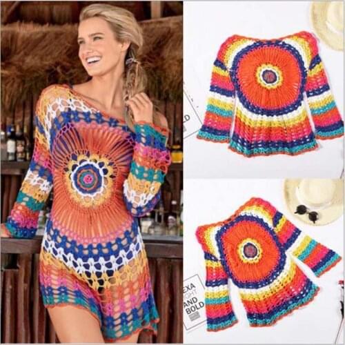 Free Shipping Women Summer Beach Knitted Dresses Crochet Hollow Out Beachwear Swimwear Female Sexy Bikini Sunscreen Smock Dress