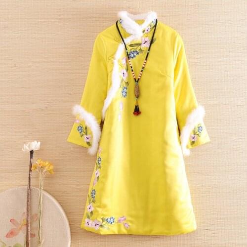 Autumn And Winter Women Qipao Dress Rabbit Hair Chinese Style Retro Embroidery Elegant Loose Lady Warm A-line Dress Female S-2XL