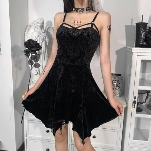 Goth Retro Floral Pattern Black Dress Harajuku High Waist Velour Mini Dresses Elegant Spaghetti Straps Lady Partywear