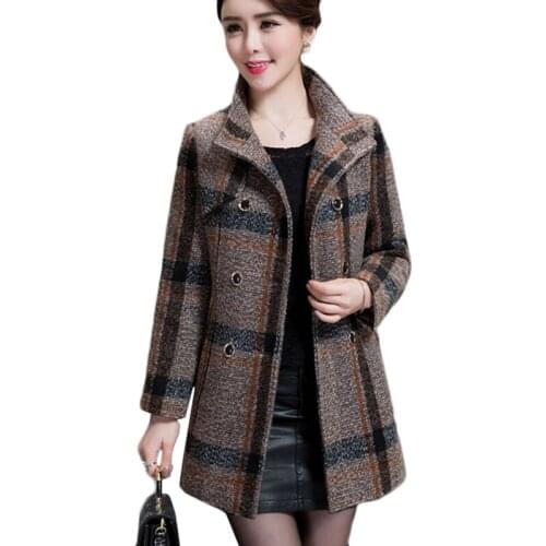 2021 Autumn Winter Plus Size Woolen Coat Womens Thick Long Wool Coats Double-Breasted Casual Plaid Office Clothing Outerwear 5XL