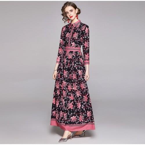 High Quality 2021 Spring New Fashion Floral Print Shirt Dress Women Long Sleeve Vintage Runway Long Party Dress k7823