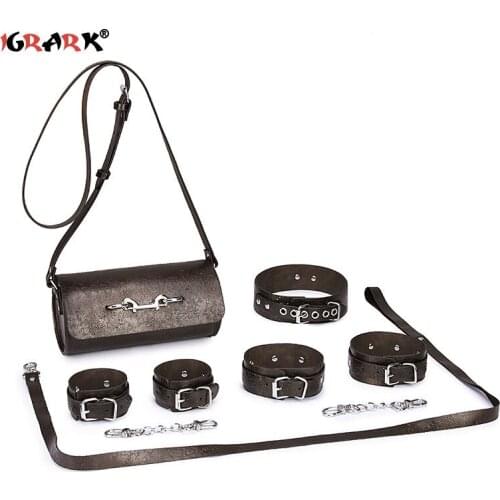 6Pcs/set Genuine Leather And PU BDSM Sex Bondage Set Handcuffs Ankle Collar With Bag Erotic Adult Sex Toys Women Couples Sex