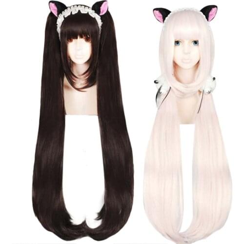 Anogol Chocola NEKOPARA Wig Chocolate Double Ponytail Long Straight Brown Pink Synthetic Cosplay Wig for Party Role Play