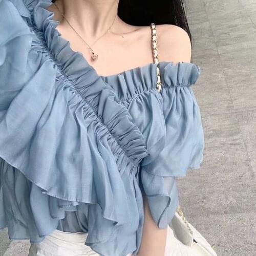 2020 Fashion Women Blouses Summer Sexy Off Shoulder Vintage Chiffon Shirt Ladies Ruffled Short Sleeve Korean Style Female Tops