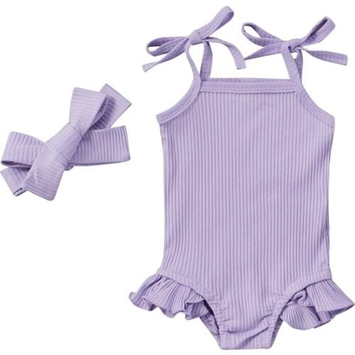 Summer Baby Girl Clothes Outfits Infant Belt Straps Ruffles Bodysuit with Bow Headband Infant Baby Girl Sets Sleeveless Jumpsuit