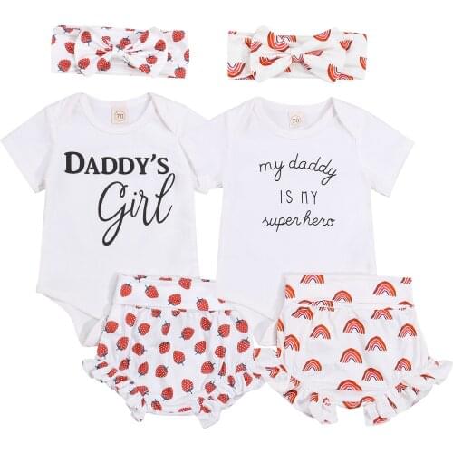 Citgeett Summer Infant Baby Girls Clothes Set Letter Print Short Sleeve Romper+Strawberry/Rainbow Print Shorts+Headband