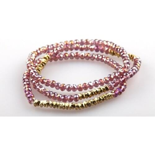 HOT SELLING 3 STRING NEW SPARKLING PURPLE GLASS GOLD PLATED ALLOY BEADS BRACELET SET