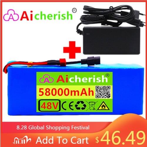 48V Lithium ion Battery 48v 58Ah 1000w 13S3P Lithium ion Battery Pack With BMS+Charger For 54.6v E-bike Electric Bicycle Scooter