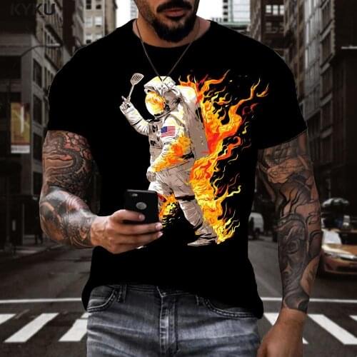 KYKU Astronaut T-shirt Men Flame Anime Clothes Novel Tshirt Printed Harajuku Funny T shirts Short Sleeve summer Fashion Male