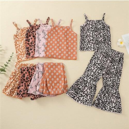 1-5Years Girls Casual Two-piece Clothes Set Boat Neck Camisole and Flared Pants, Orange/ Black/ Pink/ Tangerine