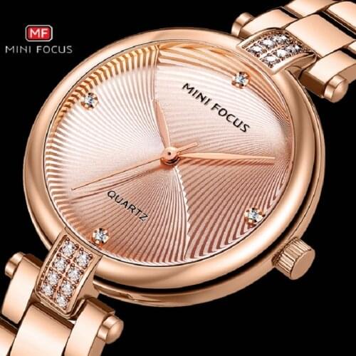 Simple Rose Gold Watch for Women Dress Japan Import Quartz Movement Diamond Clock Stainless Steel Bracelet Gift New MINI FOCUS