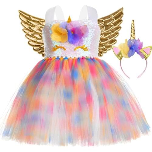 Rainbow Unicorn Dress for Girls Princess Ball Gown Tutu Dress Baby Girl Birthday Party Gift Kids Halloween Cosplay Costumes 1-14