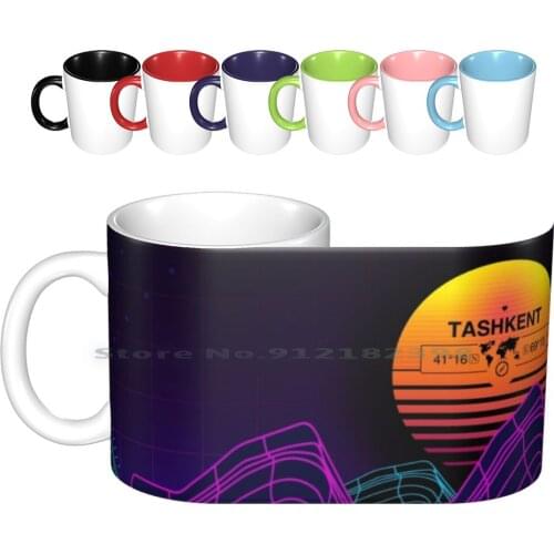 Tashkent , Uzbekistan 80’s Retro Sunset Gridline Mountains Ceramic Mugs Coffee Cups Milk Tea Mug Tashkent Uzbekistan Map
