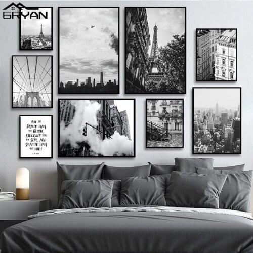 Vintage Black White New York City Poster Paris Tower Bridge Canvas Painting Prints Aircraft Bike Wall Art Picture Home Decals