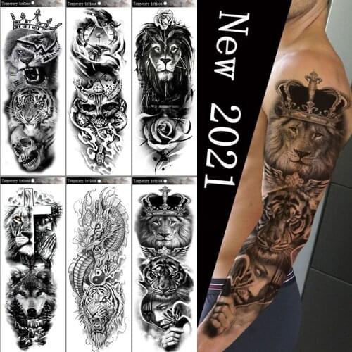 New Waterproof Temporary Tattoos Lion Full Arm Tattoo Stickers Big Tiger Wolf Body Art Lasting Fake Tattoo Animal Tattoo Sticker