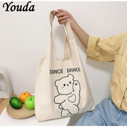 Youda Women Little Bear Shoulder Bags Simple Canvas Handbag Tote Large Capacity Embroidery Shopping Bag Cute Bookbags For Girls