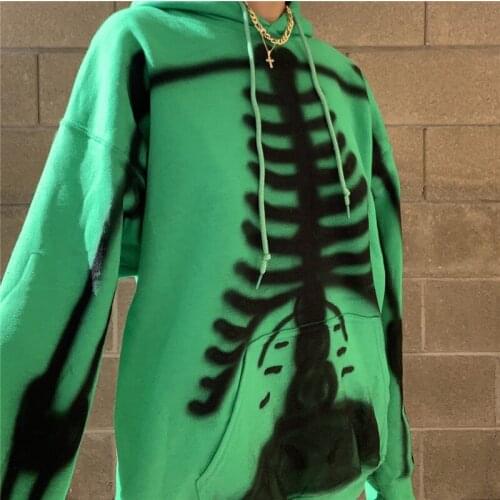 Female Fashion Streetwear Hoodies Sweatshirt Skeleton Print Pullovers Tops Loose Long Sleeve Sweatshirt with Pocket Fall Spring