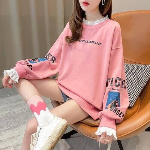 Autumn and Winter Korean Fake Two- piece Sweater Women 's New Fashion Ruffle Long Sleeve Splicing Loose LARGE T-SHIRT Women