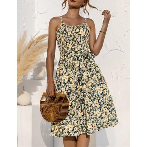 Elegant Floral Dress Women Summer Spaghetti Strap Sashes A-Line Boho Beach Holiday Party Girl Chic Dresses 2021 New Hot