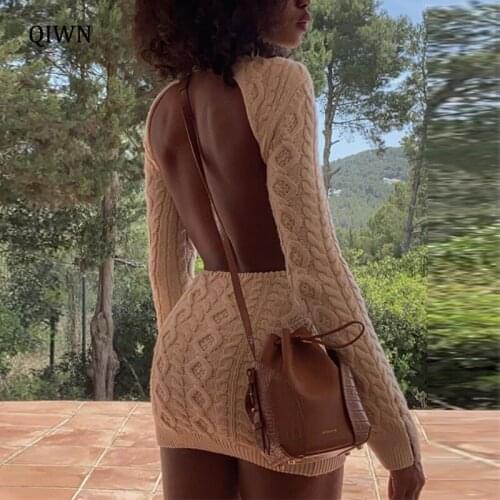 Fall Winter Fashion Twist Knitted Long Sleeve Backless Mini Dress for Women Elegant Warm Dresses Outfits Clothes