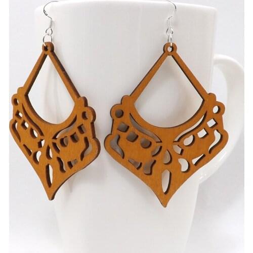 12 Pairs Good Quality Wood Earrings Organic brown Hollow African Woman Wooden Brincos Pendant 5.8x7.5cm