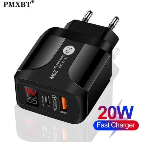 20W PD Charger QC4.0 QC3.0 USB Type C Fast Charger For iPhone 12 11Pro XR XS Xiaomi SmartPhone LED Digital Display Cable Adapter
