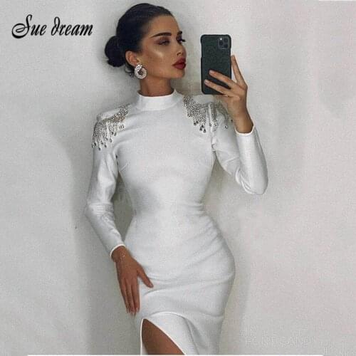 2021 New Fashion Bandage Dress Women Autumn Winter Long Sleeve Beading Backless Maxi Dress Elegant Sexy Party Club Clothes