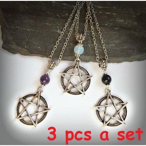 3 Pcs/Set Pagan Wicca Beads Pentagram Witch Pentacle Necklace Wiccan Pendant Jewelry for Women Party Gift