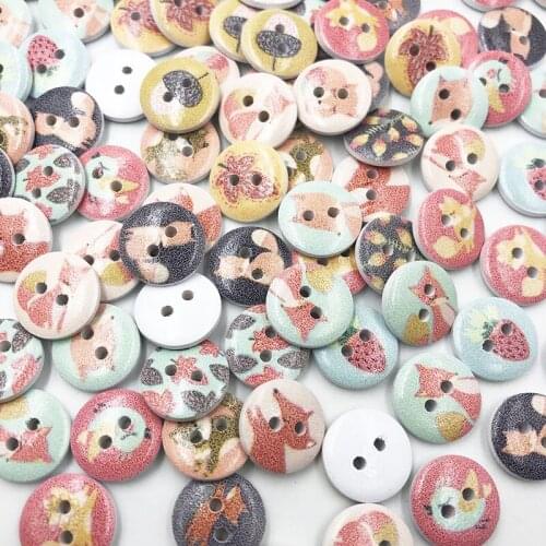 50pcs white 2 Hole Mixed Cartoon Round Wood Buttons Home Sewing Scrapbooking Decor Clothing 15mm WB770