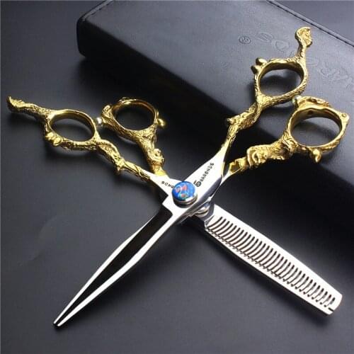 6.0 Gold professional barber hairdressing scissors 440c cutting berber makas thinning shears Japan steel barbearia hair stylist