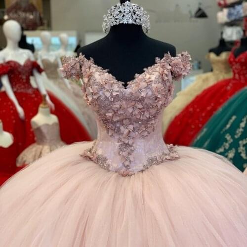 Ball Gown vestidos de 15 años 2020 Pink Quinceanera Dresses Off the Shoulder Appliques Beaded Corset Back Sweet 16 Dress
