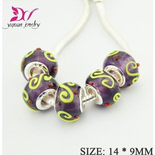Free Shipping 14mm Glass Silver Plated Cord Big Hole Loose Beads Fit European Murano Bead Jewelry Bracelet Charms DIY TK045