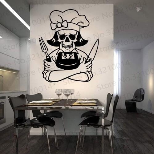 Large Skeleton Chef Wall Sticker Kitchen Restaurant Cartoon Skull Cooker Wall Decal Dinning Room Vinyl Home Decor PW345