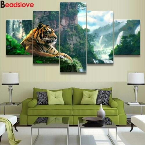 5 Pieces Mountain Waterfall 5d diy diamond Painting tiger pictures scenery full square round diamond embroidery home decor