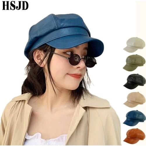 Women Spring Autumn Caps Solid Color Leather Octagonal Hats Fashion Casual Female Vintage Newsboy Cap Ladies Berets Painter Hat