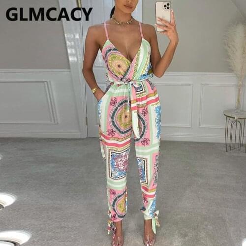 Women Spaghetti Strap Belt Plunge V-neck Printed Jumpsuits