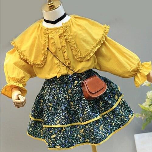 2021 Spring Autumn Yellow Lapel Shirt+Floral Skirt 2Pcs Girl Clothes Kid Clothes Children Suit For 3-7 Years