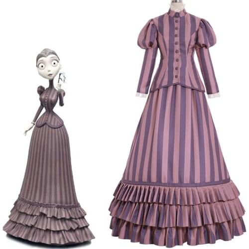 Cosplaydiy Tim Burtons Corpse Bride Victoria Everglot Cosplay Costume Women Historical Victorian Strips Walking Suits L320