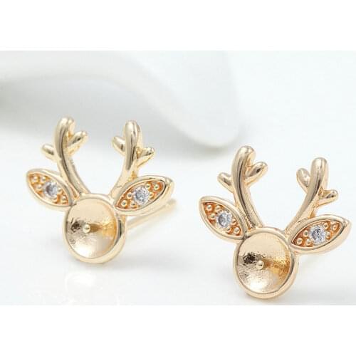 14K Gold Color Brass Deer Zircon Stud Earrings High Quality Jewelry Findings Accessories